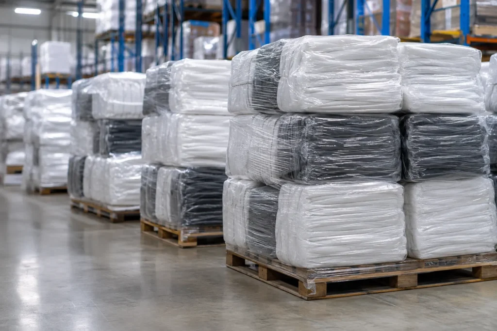 Fardos de sacos plásticos paletizados e envolvidos em filme stretch em galpão de distribuição