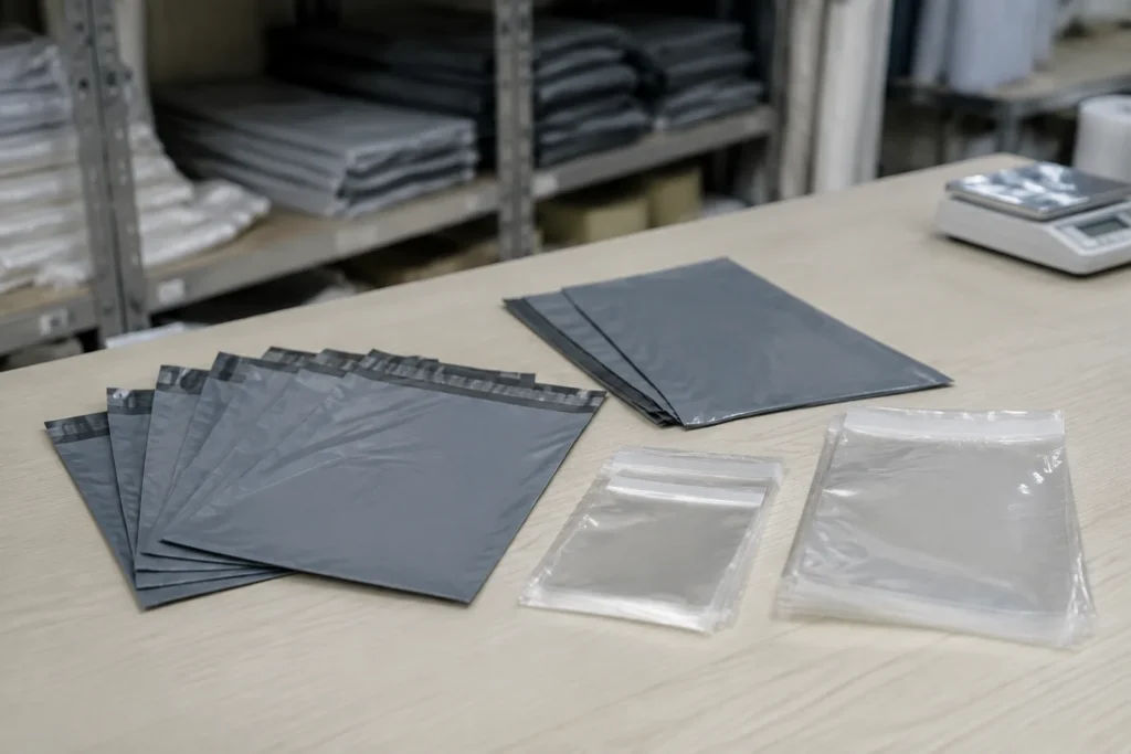 Envelopes de segurança lacrados e sacos com aba adesiva em bancada de expedição