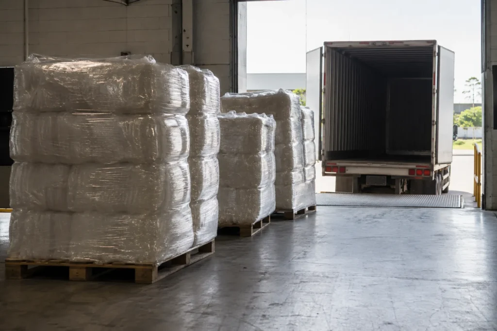 Paletes de fardos plásticos prontos para carregamento na doca de expedição