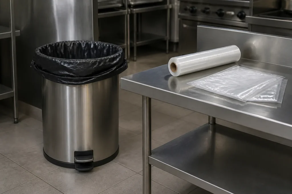 Lixeira de cozinha profissional com saco reforçado e filme plástico sobre bancada de inox