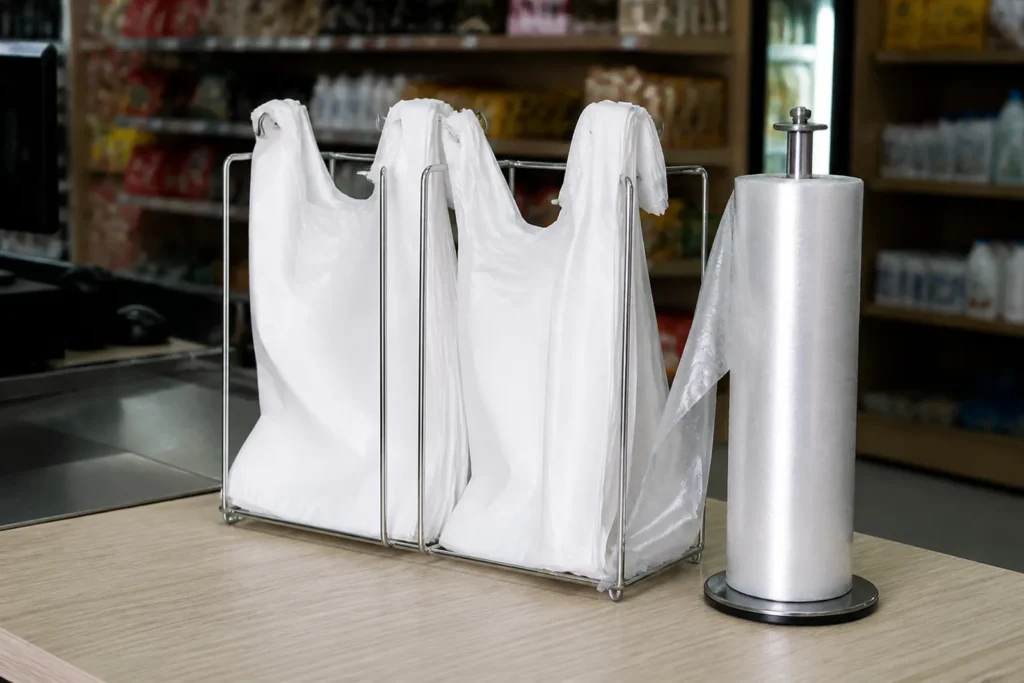 Suporte de balcão com sacolas plásticas tipo camiseta e bobina picotada em loja