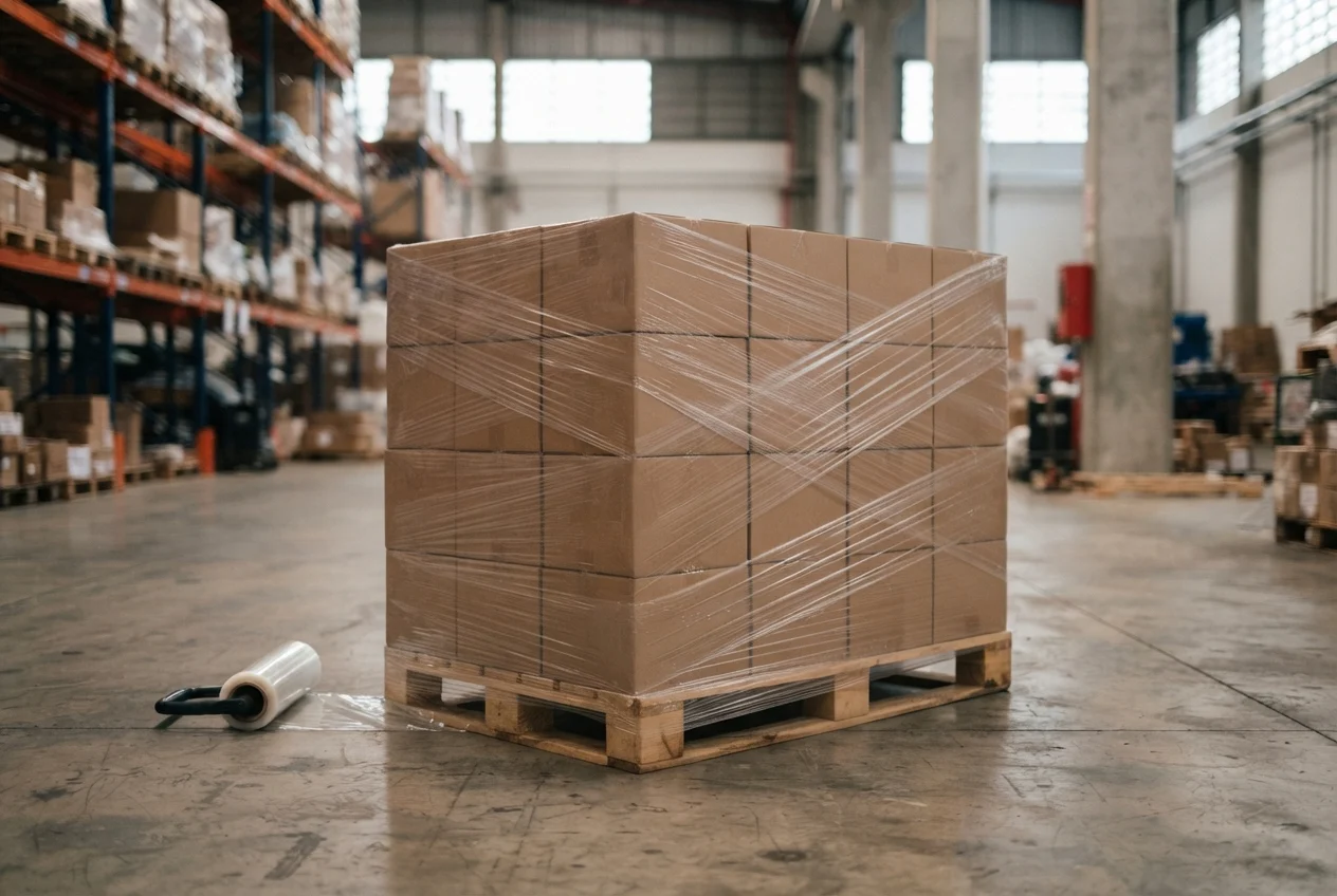 Palete de caixas de papel&atilde;o envolvido em filme stretch, com as voltas diagonais sobrepostas vis&iacute;veis