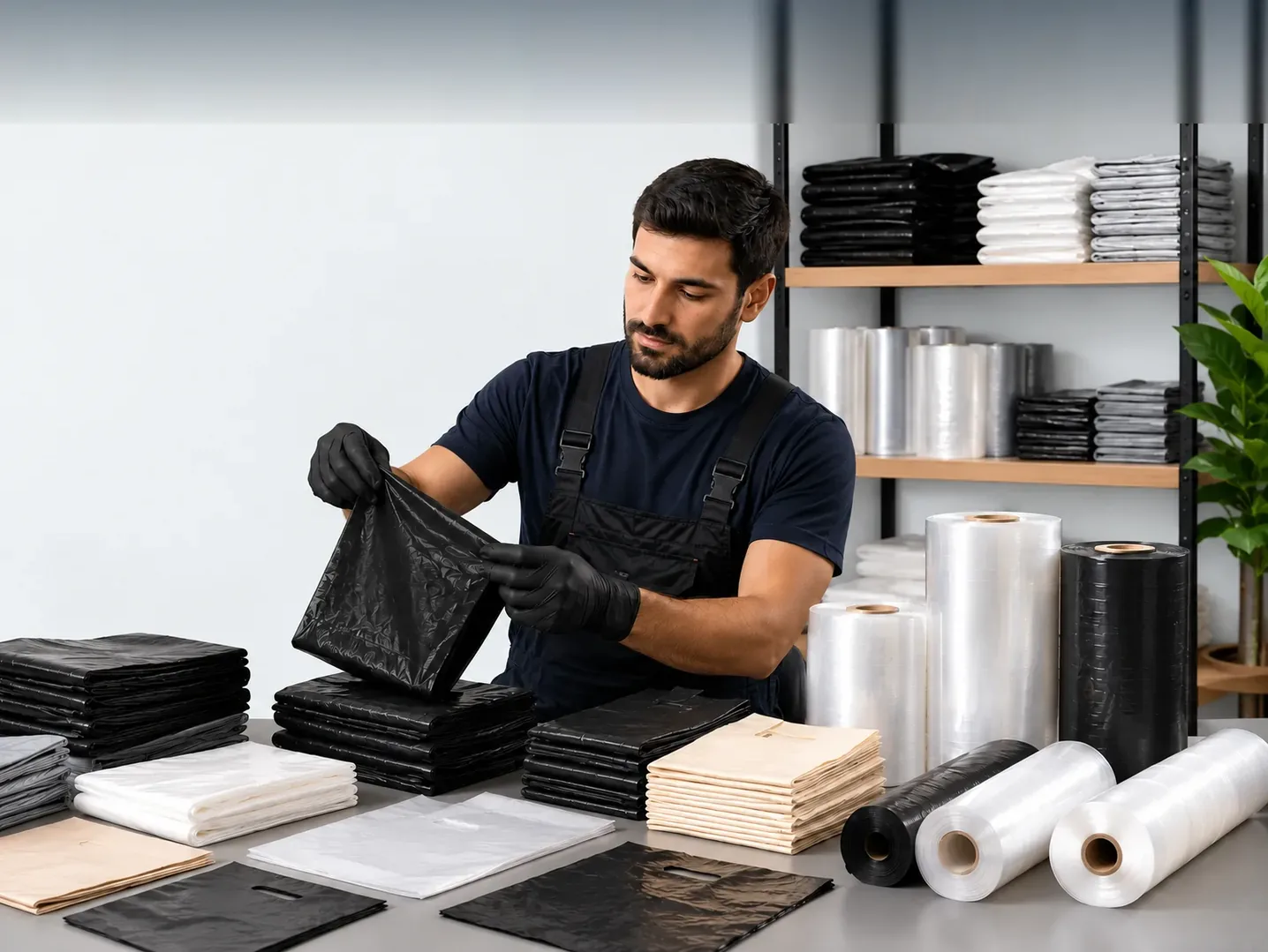 Profissional organizando sacos e embalagens plásticas para empresas
