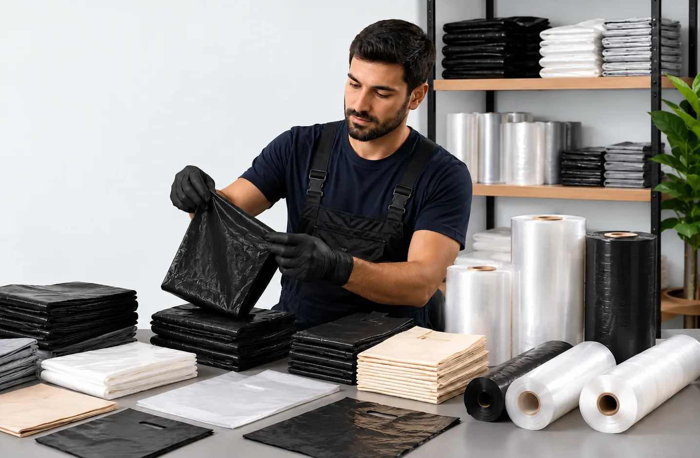 Profissional organizando sacos e embalagens plásticas para empresas