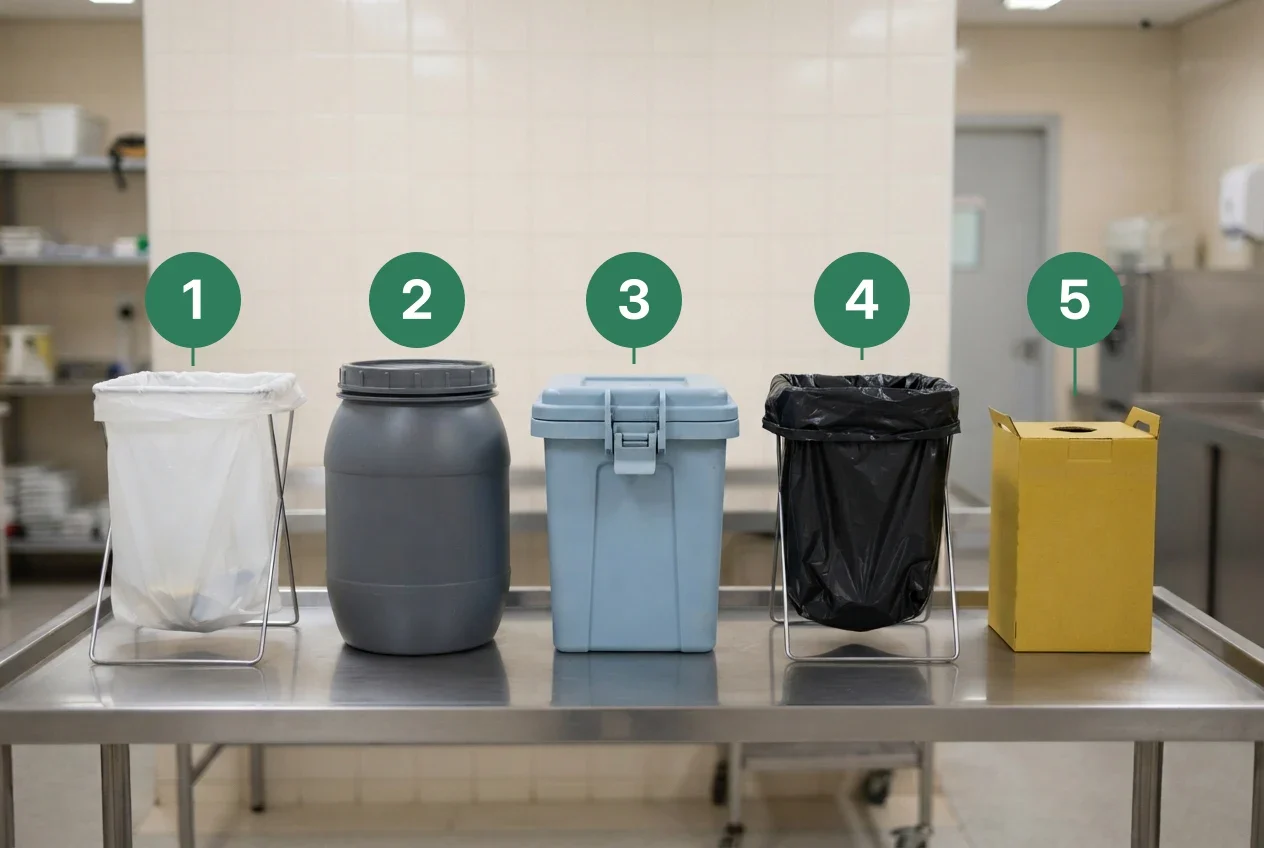 Cinco recipientes de resíduo de serviço de saúde alinhados numa bancada de inox, numerados de 1 a 5