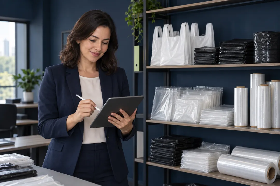 Cena ilustrativa de atendimento comercial: profissional com tablet e amostras de sacos, sacolas e bobinas no escritório.