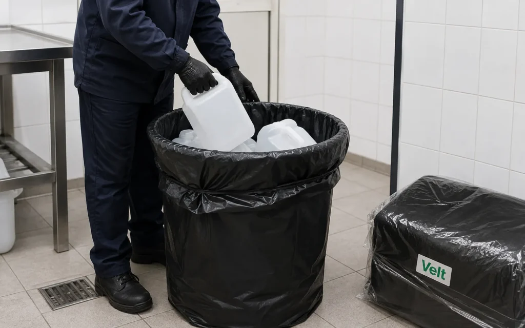 Descarte de galões vazios de desengordurante em saco de lixo reforçado dentro de contentor na área de resíduos