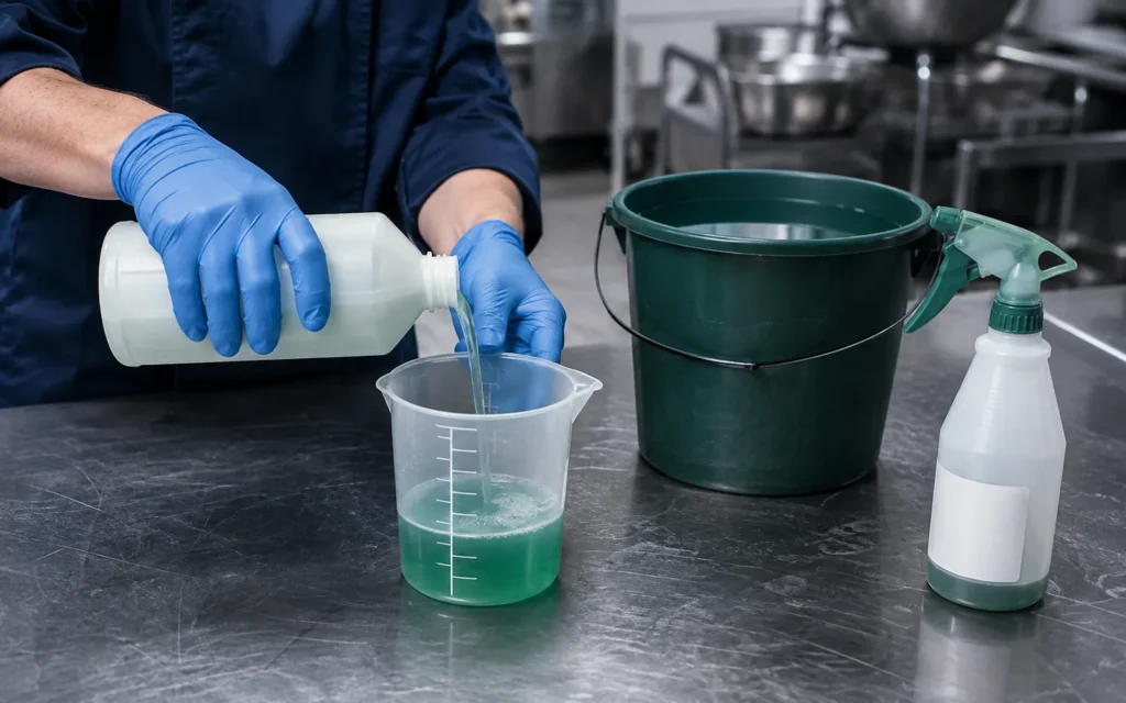 Diluição de desengordurante profissional em copo medidor sobre bancada de inox de cozinha industrial