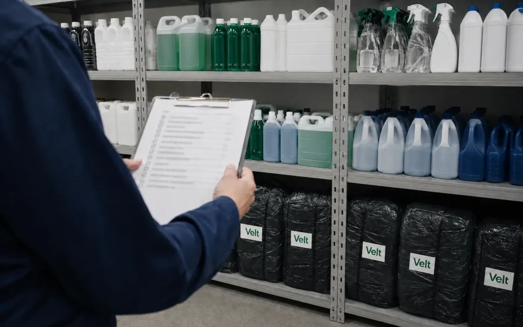 Prateleira de almoxarifado com produtos de limpeza e fardos de sacos de lixo organizados para auditoria