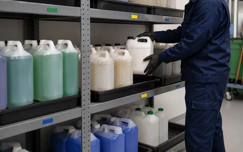 Galões de produtos de limpeza armazenados em estante com bandejas de contenção e separação por tipo