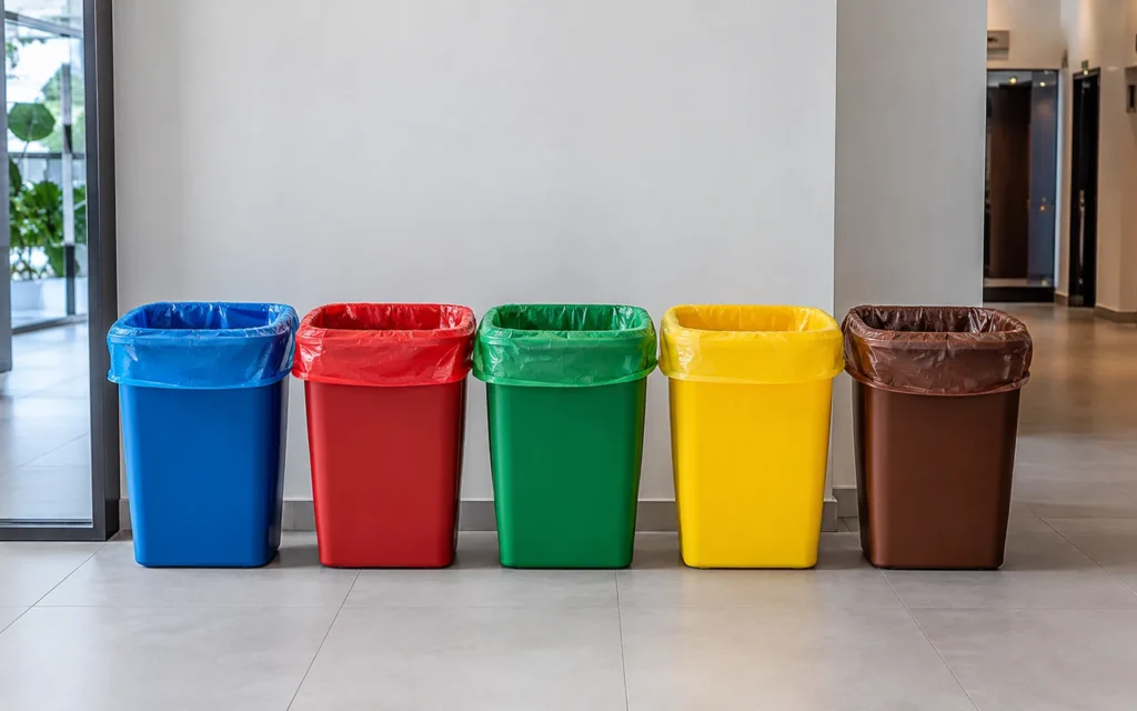 Estação de coleta seletiva com lixeiras azul, vermelha, verde, amarela e marrom e sacos nas mesmas cores
