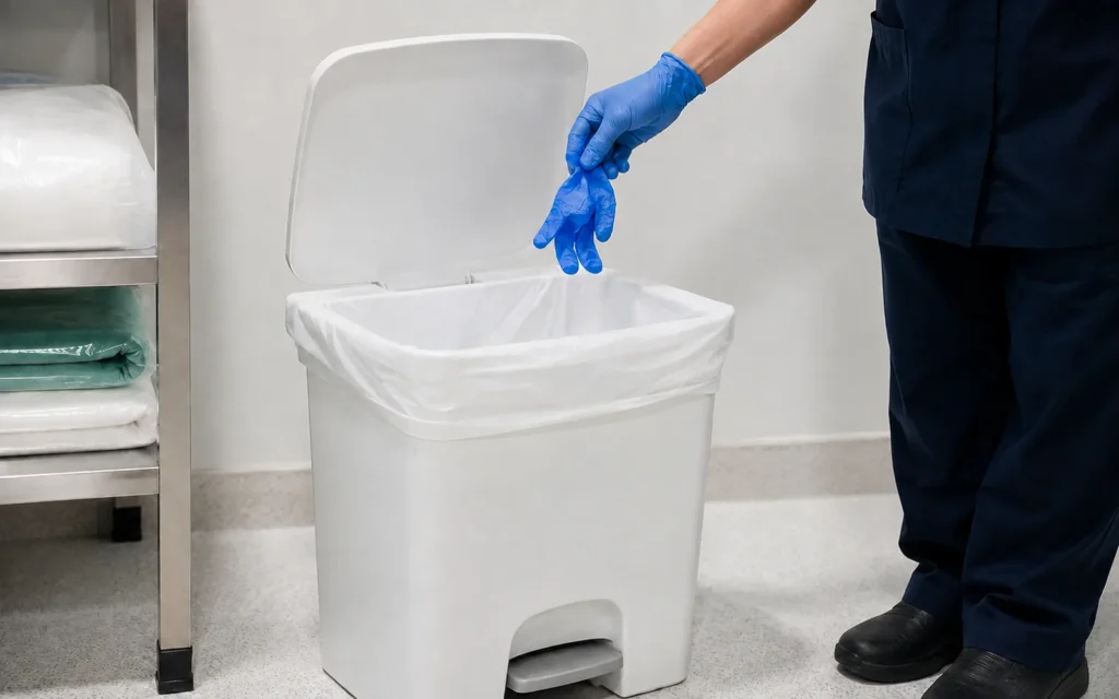 Luva descartável sendo jogada em lixeira com saco branco leitoso em ambiente profissional