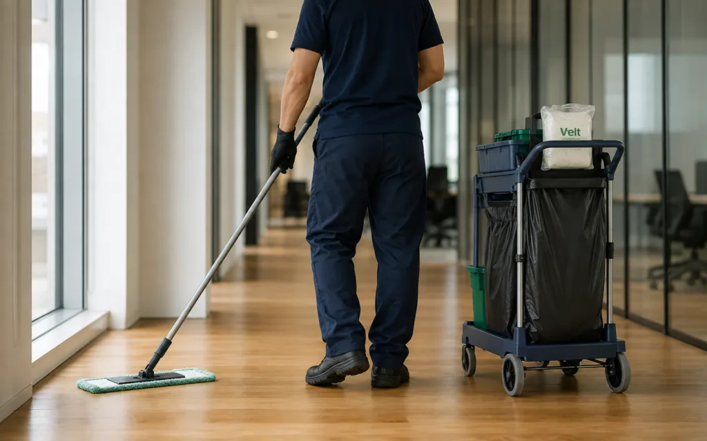 Profissional limpando piso de madeira de corredor corporativo com mop e carrinho de limpeza ao lado