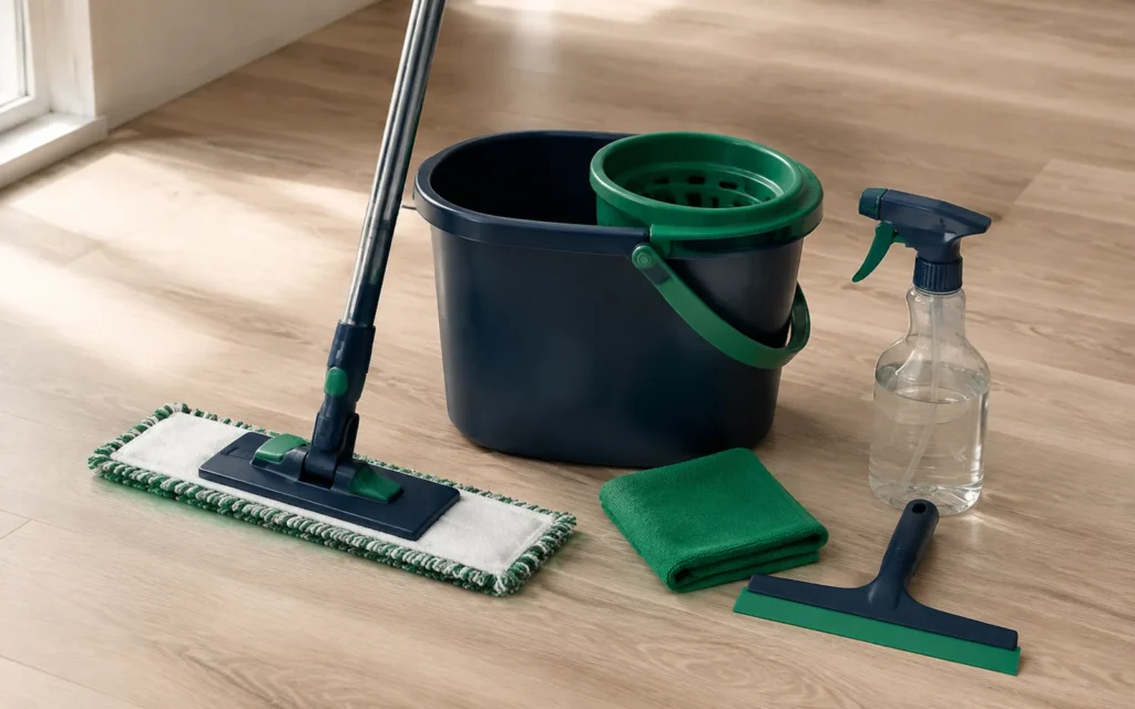 Kit de limpeza para piso de madeira com mop de microfibra, balde, borrifador e panos sobre o assoalho