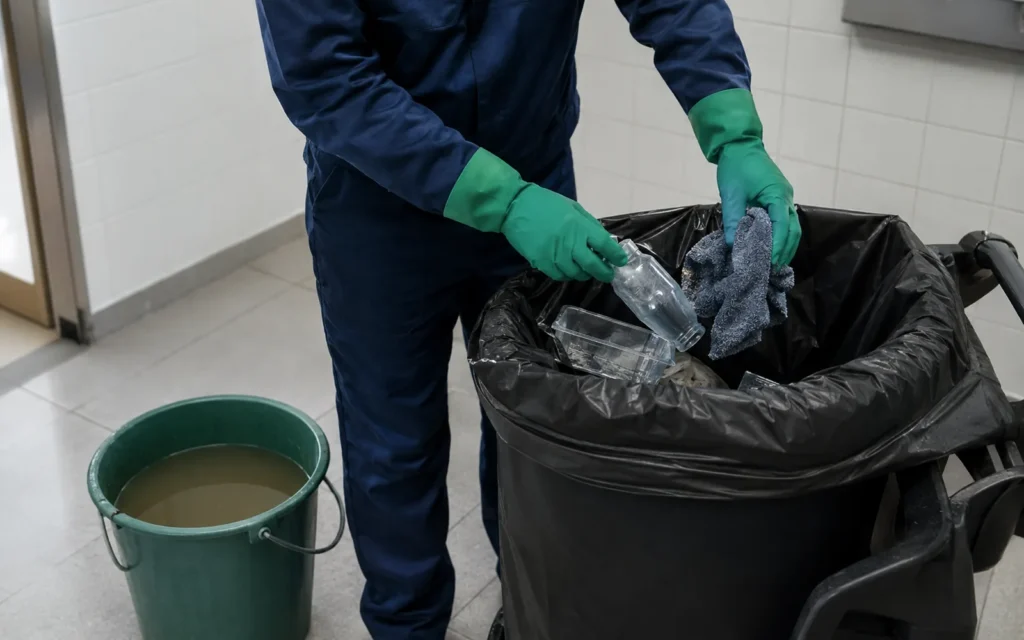 Panos e embalagens da limpeza de vidros sendo recolhidos em saco de lixo preto em área técnica