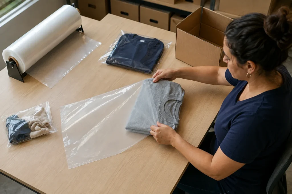 Profissional acondicionando camiseta em saco de bobina picotada antes de colocar o pedido na caixa