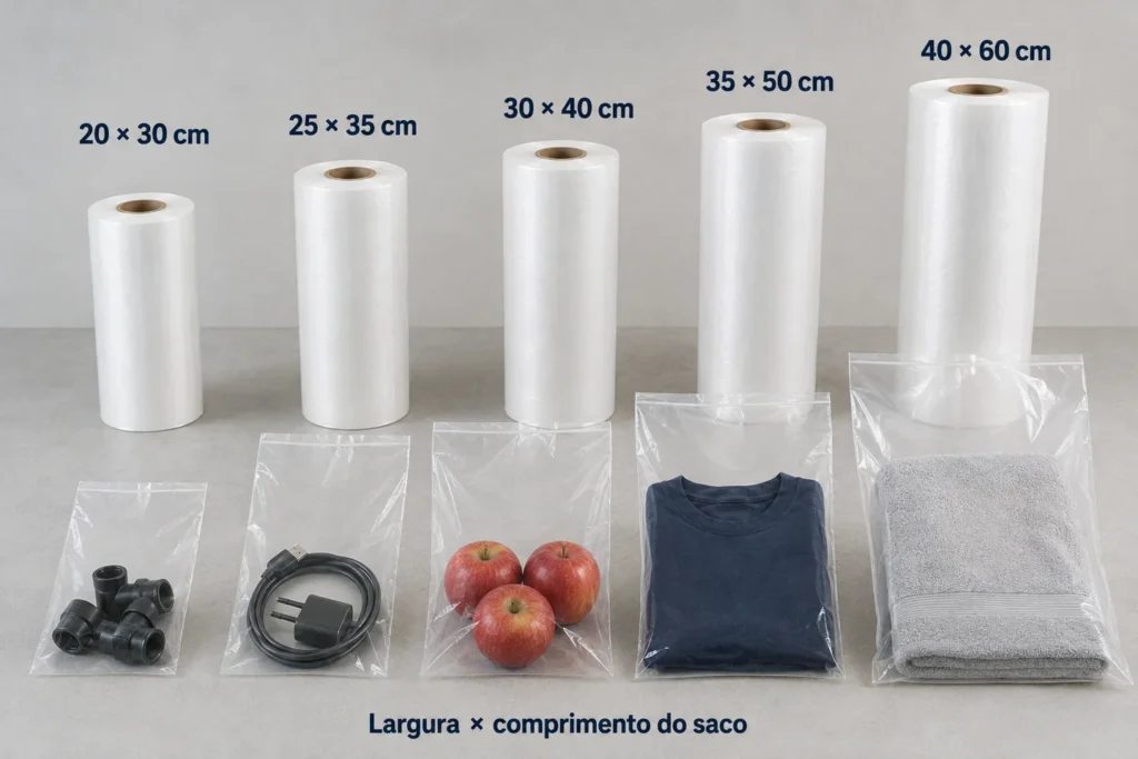 Cinco medidas de bobinas picotadas para uso geral, com sacos contendo conexões, cabo, maçãs, camiseta e toalha