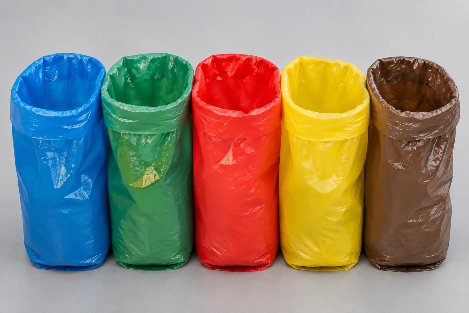 Sacos de lixo 100 litros coloridos para coleta seletiva alinhados por tipo de material