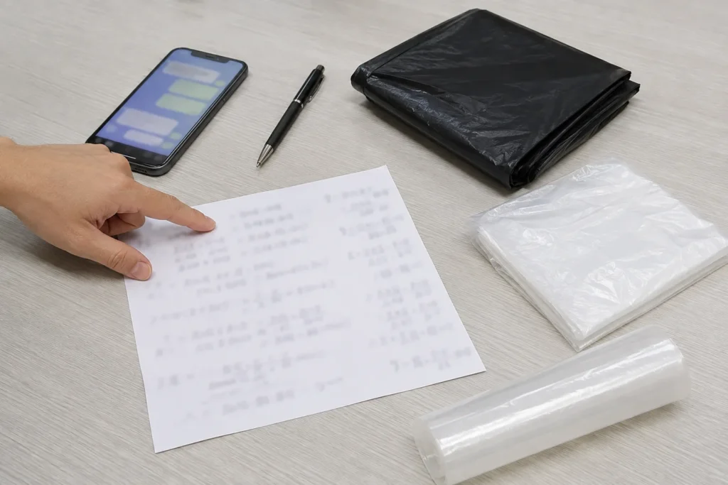 Lista de itens sendo conferida sobre a mesa com amostras de sacos plásticos ao lado
