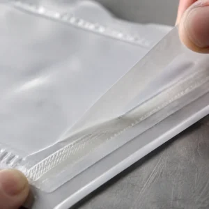 Macro da aba adesiva de um envelope plástico com a fita de proteção sendo puxada