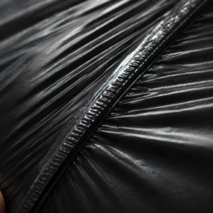 Macro do cordão de solda no fundo de um saco plástico preto sob tensão