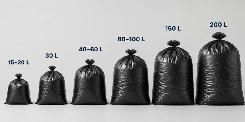 Seis sacos de lixo pretos em escala crescente, identificados como 15–20 L, 30 L, 40–60 L, 80–100 L, 150 L e 200 L