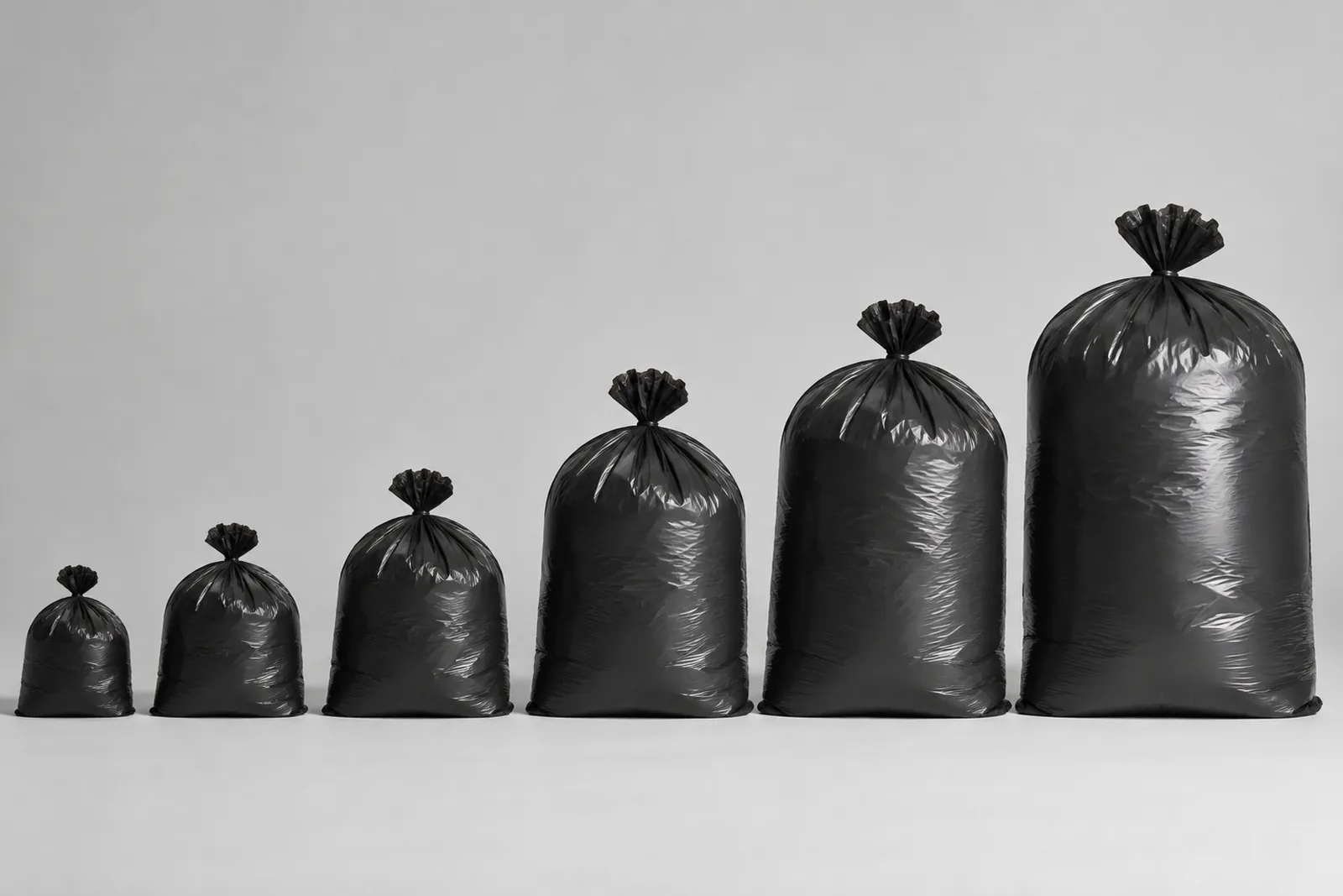 Seis sacos de lixo pretos alinhados por ordem de capacidade, do menor ao maior