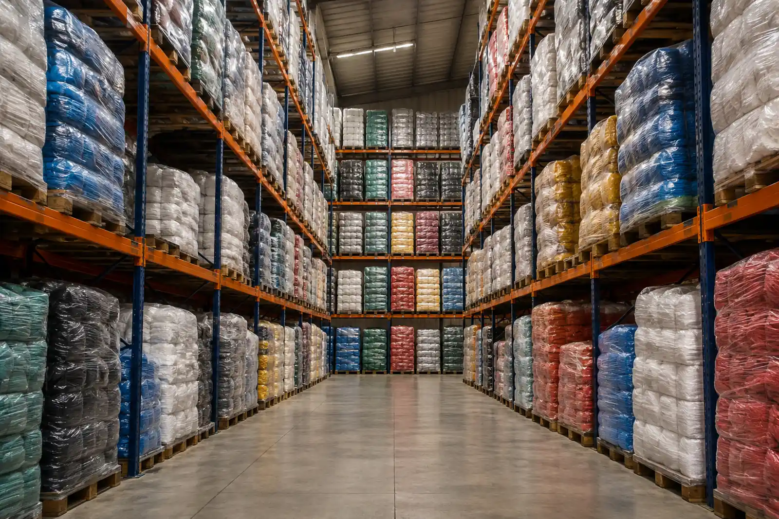 Corredor de galpão com porta-paletes cheios de fardos de sacos plásticos até o alto