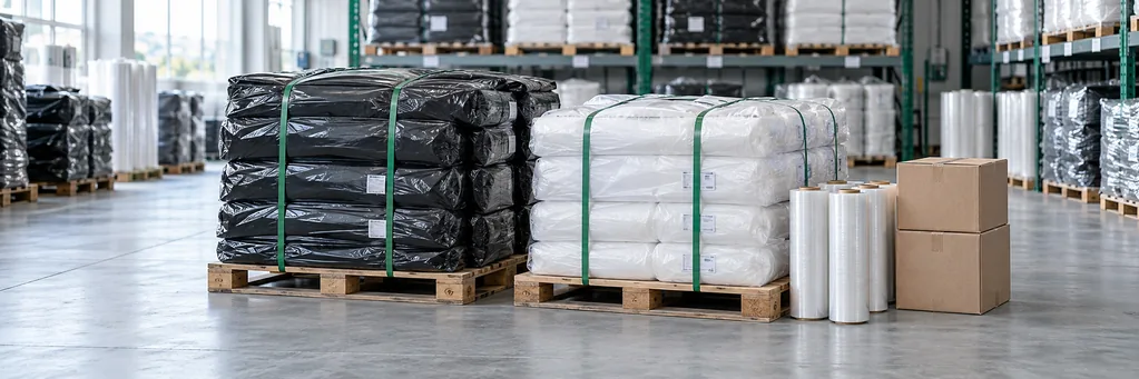 Fardos de sacos pretos e brancos, bobinas e caixas organizados em paletes para pedidos em volume