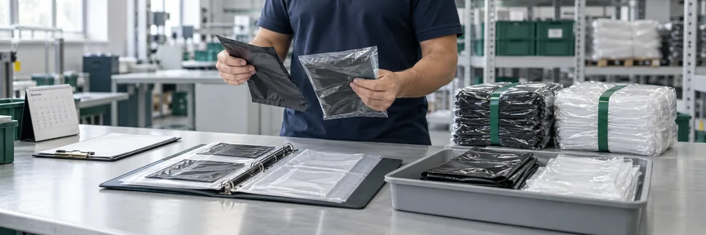 Profissional comparando amostras de embalagens com um novo lote para manter o padrão nas reposições
