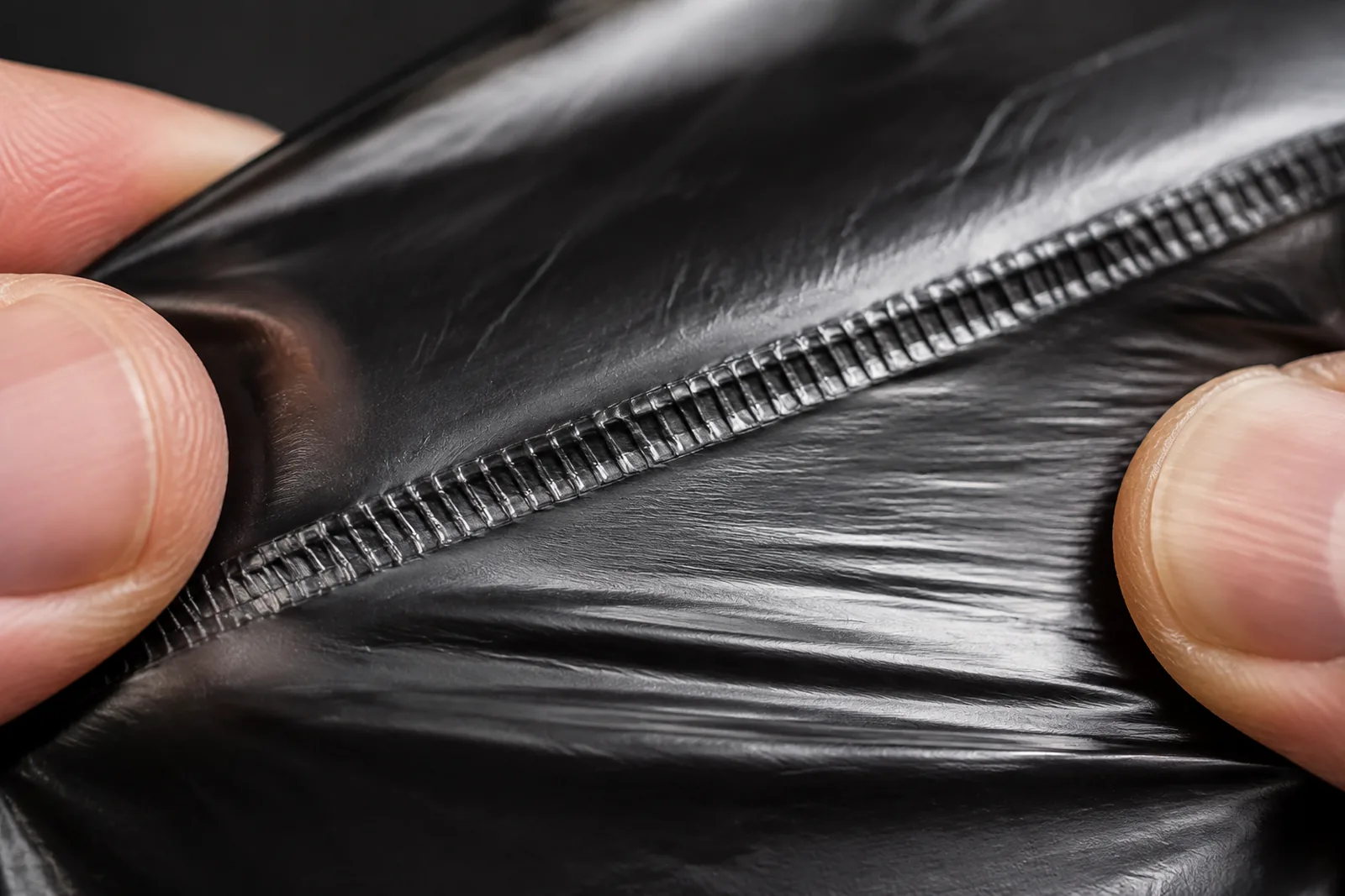 Macro da solda de fundo de um saco plástico sob tensão, com o cordão contínuo à vista
