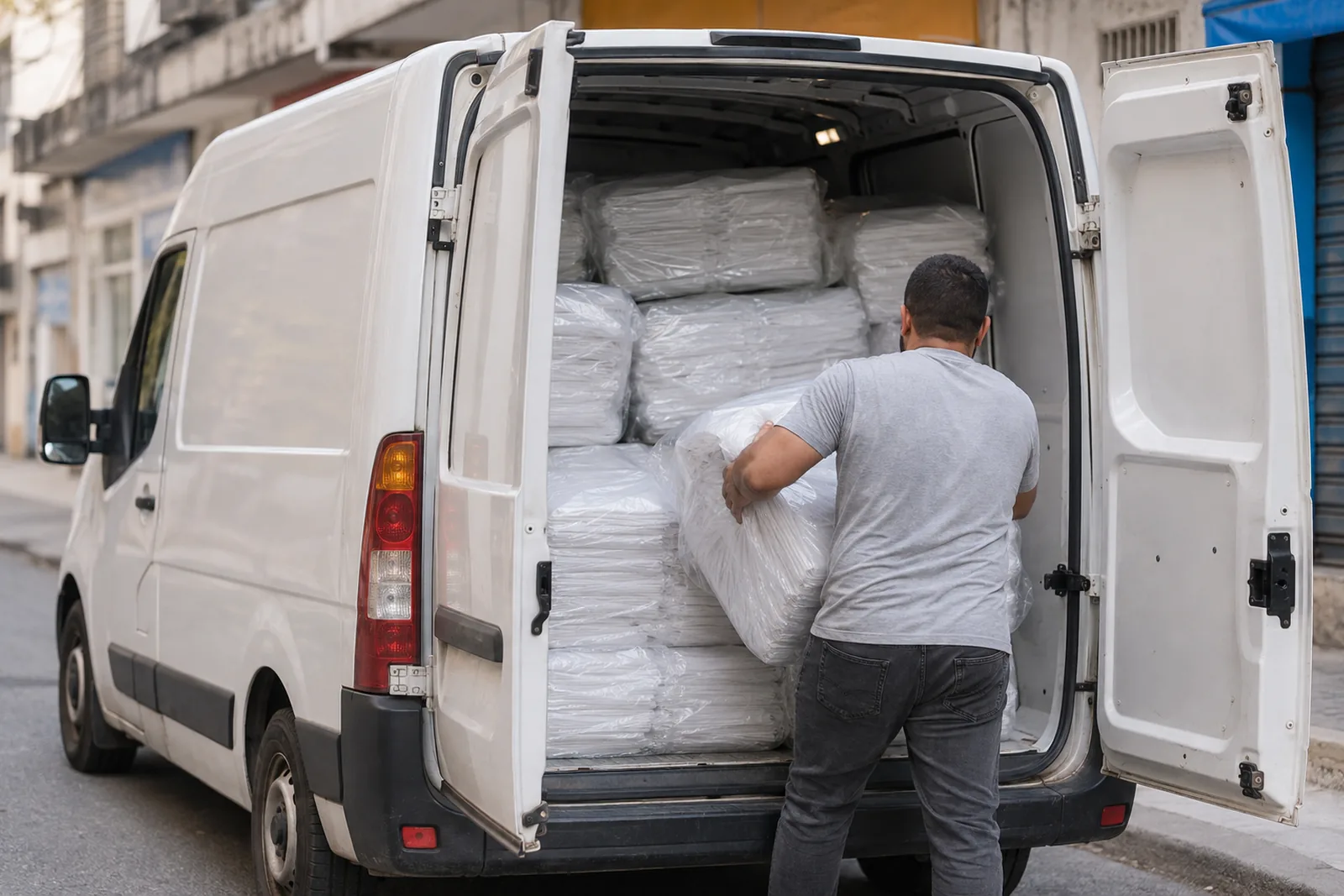 Furgão de entrega com fardos de sacos plásticos sendo descarregados em rua comercial